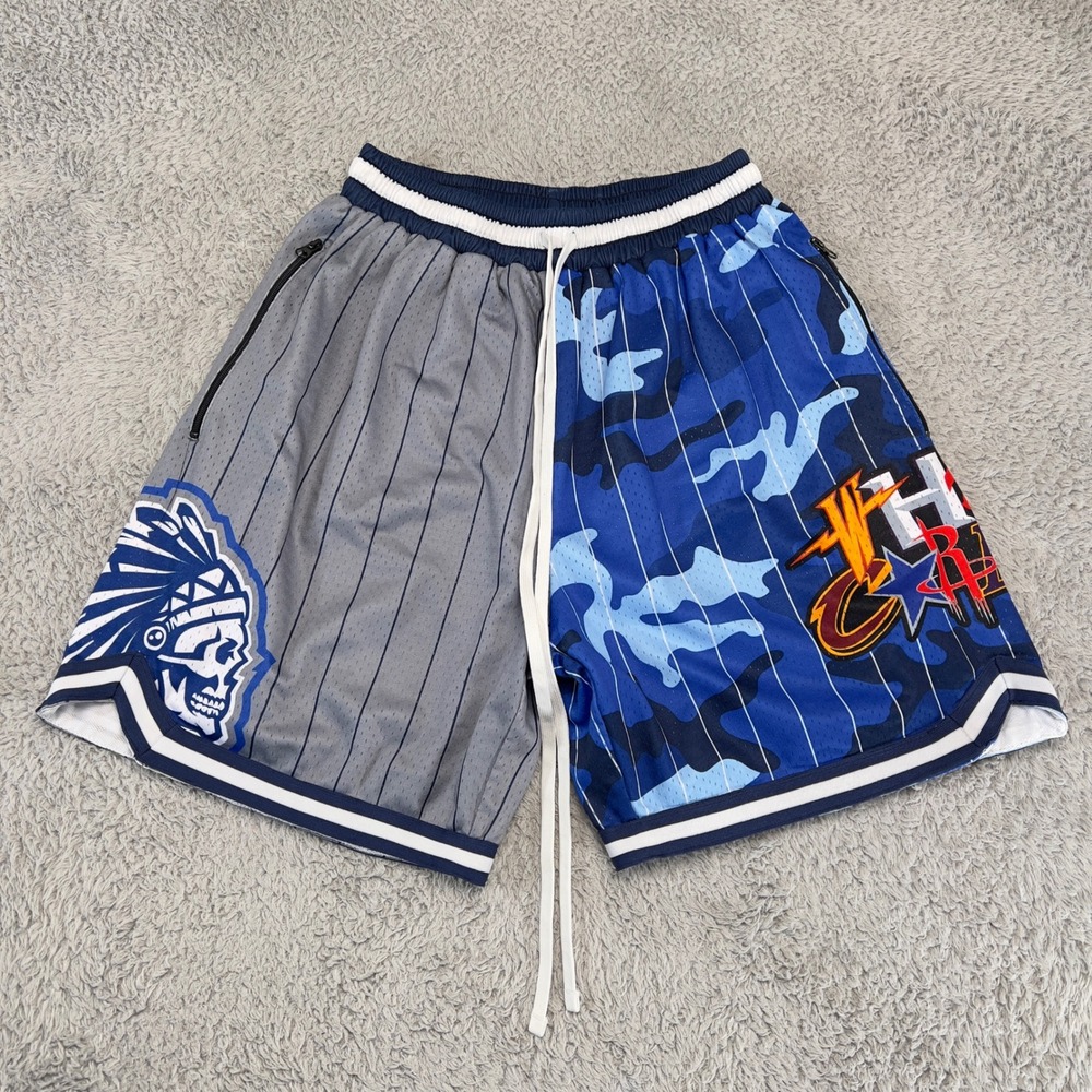 Who Cares Savs  Basketball Shorts Mens L Mesh Blue Camo Grey Pinstripe What The